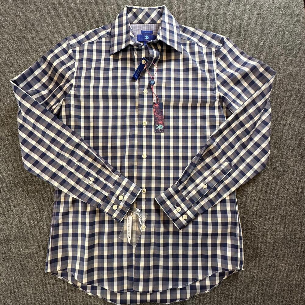 EGARA Mens‎ Non-Iron Checkered Dress Shirt Navy Beige 100% Cotton S